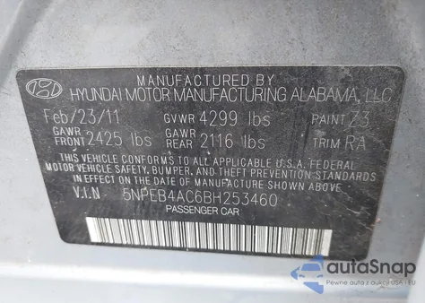 2011 Hyundai Sonata Gls z USA, uszkodzony, nr VIN 5NPEB4AC6BH253460